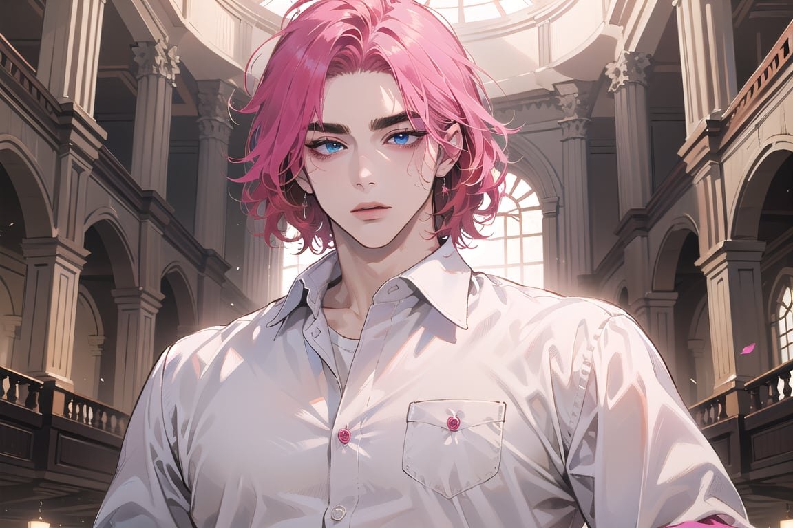 Kryon,1 boy, ((solo focus)), (((Fuchsia hair))), ((thick eyebrows)), ((Medium score)), To reveal the forehead, ((Split head)), ((messy hair)), ((wavy curly hair)), short hair, blue eyes, mature, ((white shirt:1.3)), shoet sleeve, by Raphael, masterpiece, upper body shot, magnificent indoor hall,1 man