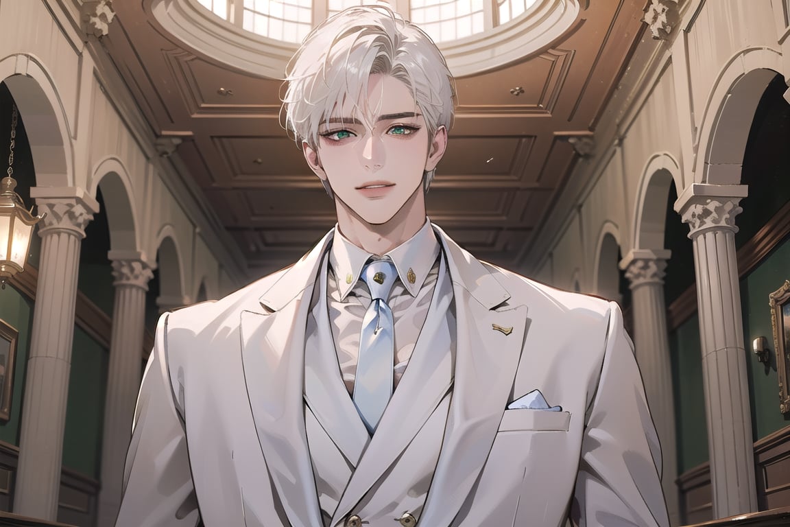 Ydor, 1boy, ((solo focus)), ((white short hair)), (Left side-parting bangs), seductive smile, green eyes, handsome, mature, angular jaw, thick neck, ((White groom suit:1.3)), long sleeve, by Raphael, masterpiece, upper body shot, magnificent indoor hall