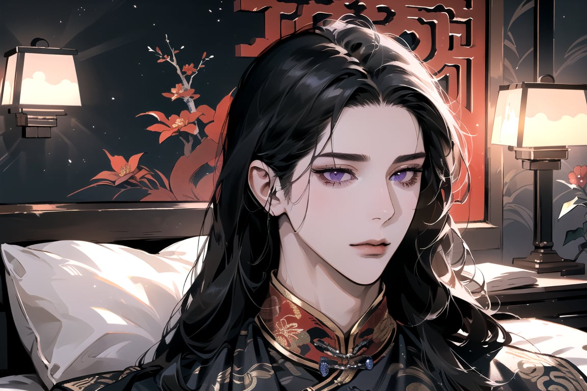 (Absurdres, Intricate Details, Masterpiece, Best Quality, High Resolution, 8k), (1man), (male:1.2), mature face, (mature boy:1.2), finely detailed eyes and face, lean body, (black long straight hair:1.2), (purple eyes), (((Red)) Chinese costume), (focus on character:1.1), solo, full body shot, laying on a lavishly adorned bed, intricate Chinese motifs, detailed background with traditional Chinese architecture, serene expression, ethereal atmosphere, Depth of Field, Chinese style, soft lighting, [ArtStation], [WLOP], [Krenz Cushart]
