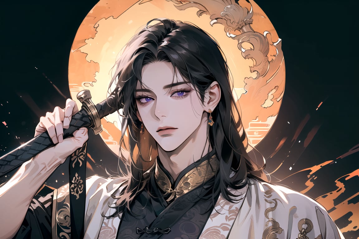 (Absurdres, Intricate Details, Masterpiece, Best Quality, High Resolution, 8k), (1man), (male:1.2), mature face, (mature boy:1.2), serious, ((holding sword)), finely detailed eyes and face, lean body, (black long straight hair:1.2), (purple eyes), (Chinese costume), (focus on character:1.1), solo, full body shot, resting on a meticulously crafted dragon bed, luxurious and ancient, detailed background with traditional Chinese decor, ethereal atmosphere, Depth of Field, Chinese style, dramatic lighting, [ArtStation], [Gustav Klimt], [John William Waterhouse]
