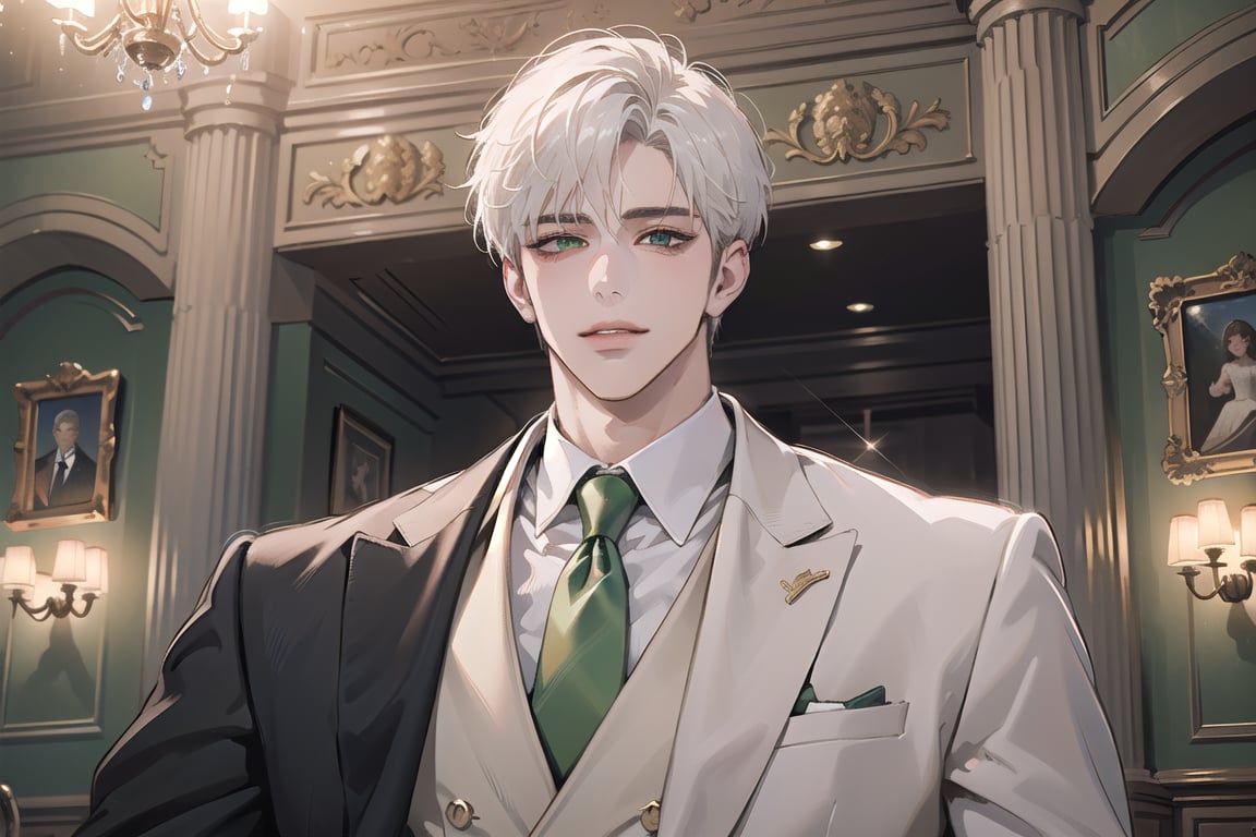 Ydor, 1boy, ((solo focus)), ((white short hair)), (Left side-parting bangs), seductive smile, green eyes, handsome, mature, angular jaw, thick neck, ((groom suit:1.3)), long sleeve, by Raphael, masterpiece, upper body shot, magnificent indoor hall