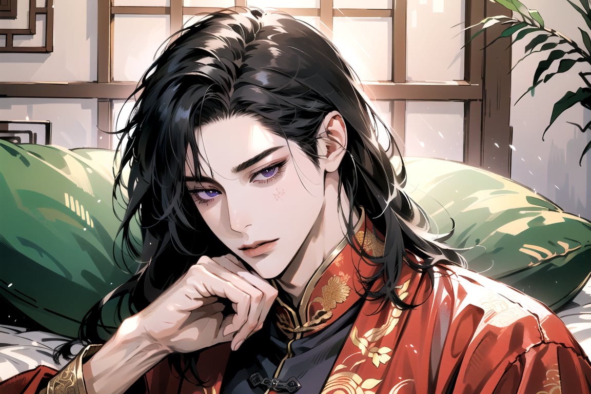 (Absurdres, Intricate Details, Masterpiece, Best Quality, High Resolution, 8k), (1man), (male:1.2), mature face, (mature boy:1.2), finely detailed eyes and face, lean body, (black long straight hair:1.2), (purple eyes), (((Red)) Chinese costume), (focus on character:1.1), solo, full body shot, laying on a lavishly adorned bed, intricate Chinese motifs, detailed background with traditional Chinese architecture, serene expression, ethereal atmosphere, Depth of Field, Chinese style, soft lighting, [ArtStation], [WLOP], [Krenz Cushart]
