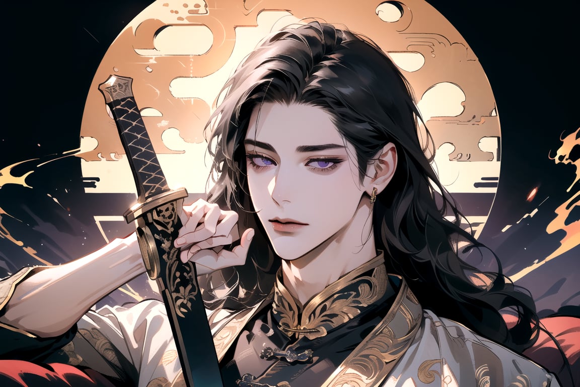 (Absurdres, Intricate Details, Masterpiece, Best Quality, High Resolution, 8k), (1man), (male:1.2), mature face, (mature boy:1.2), serious, ((holding sword)), finely detailed eyes and face, lean body, (black long straight hair:1.2), (purple eyes), (Chinese costume), (focus on character:1.1), solo, full body shot, lying on an intricately designed classic dragon bed, ornate and regal bed with golden carvings, detailed background with Chinese elements, detailed face, ethereal atmosphere, Depth of Field, Chinese style, cinematic lighting, [ArtStation], [Alphonse Mucha], [Artgerm]
