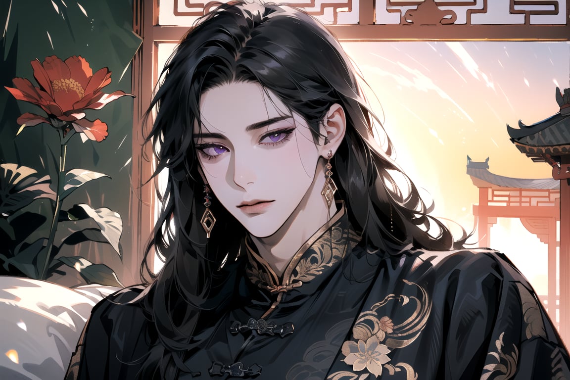 (Absurdres, Intricate Details, Masterpiece, Best Quality, High Resolution, 8k), (1man), (male:1.2), mature face, (mature boy:1.2), finely detailed eyes and face, lean body, (black long straight hair:1.2), (purple eyes), (Chinese costume), (focus on character:1.1), solo, full body shot, laying on a lavishly adorned bed, intricate Chinese motifs, detailed background with traditional Chinese architecture, serene expression, ethereal atmosphere, Depth of Field, Chinese style, soft lighting, [ArtStation], [WLOP], [Krenz Cushart]
