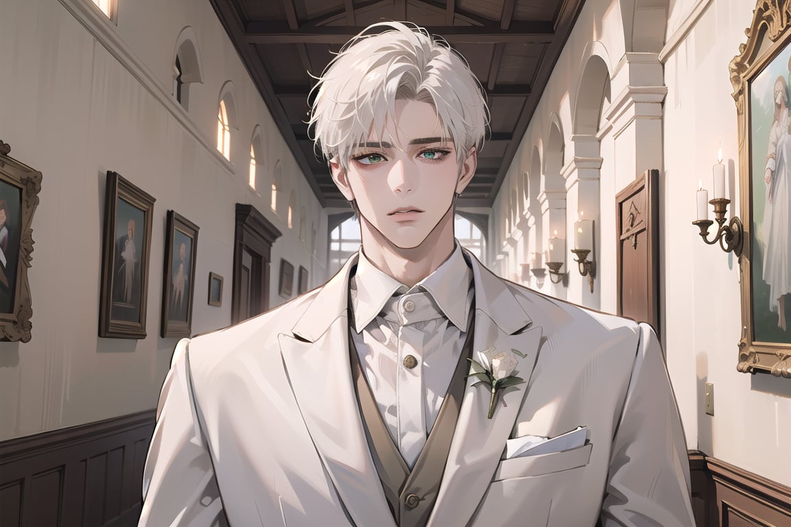 Ydor, 1boy, ((solo focus)), ((white short hair)), (Left side-parting bangs), green eyes, handsome, mature, angular jaw, thick neck, ((white)) ((wedding suit:1.3)), long sleeve, by Raphael, masterpiece, upper body shot, magnificent indoor hall