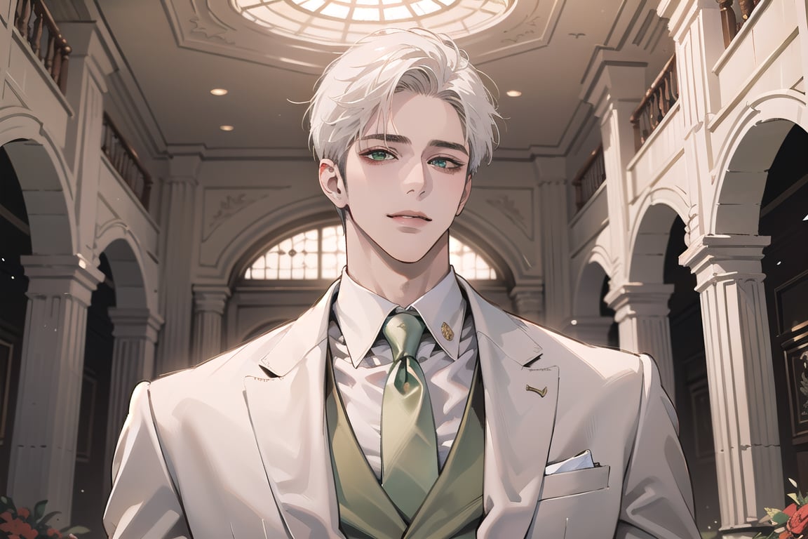 Ydor, 1boy, ((solo focus)), ((white short hair)), (Left side-parting bangs), seductive smile, green eyes, handsome, mature, angular jaw, thick neck, ((white)) ((groom suit:1.3)), long sleeve, by Raphael, masterpiece, upper body shot, magnificent indoor hall