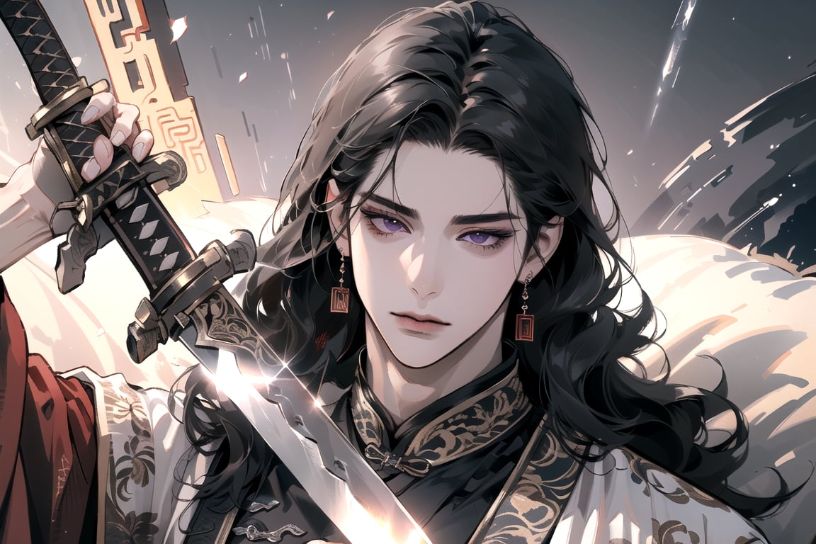 (Absurdres, Intricate Details, Masterpiece, Best Quality, High Resolution, 8k), (1man), (male:1.2), mature face, (mature boy:1.2), serious, finely detailed eyes and face, lean body, (black long straight hair:1.2), (purple eyes), (Chinese costume), (focus on character:1.1), solo, full body shot, laying on a lavishly adorned bed, intricate Chinese motifs, detailed background with traditional Chinese architecture, serene expression, ethereal atmosphere, Depth of Field, Chinese style, soft lighting, [ArtStation], [WLOP], [Krenz Cushart], (perfect sword:1.5)
