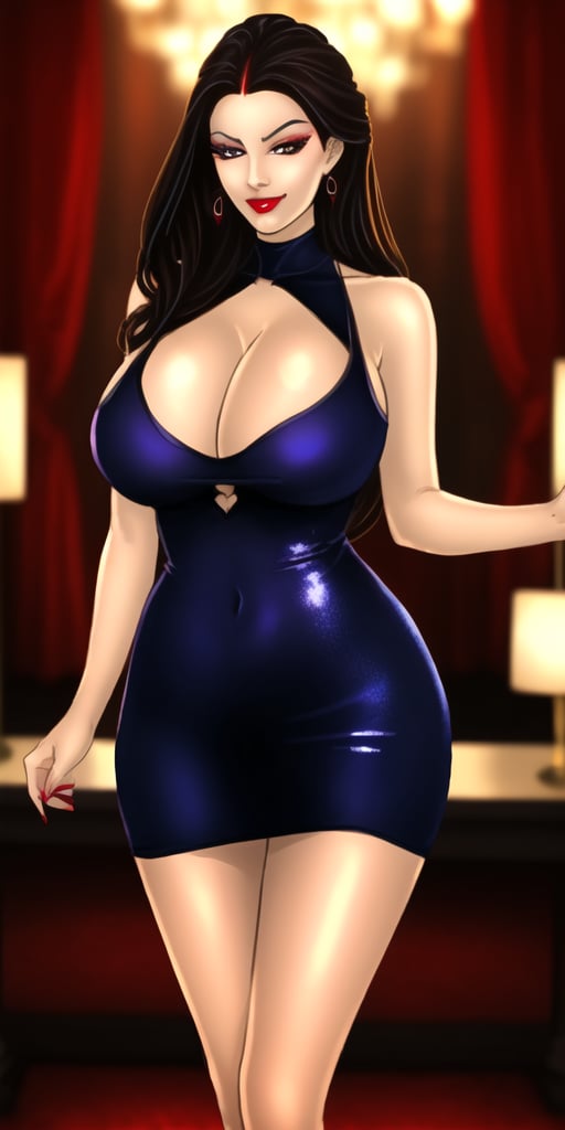 A stunning image of a mature female, fighting_stance, She exudes confidence and seduction. She wears a tight see-through minidress, showcasing her hourglass physique and large soft breasts, absolute cleavage, long legs. The lighting highlights the glistening skin and creates a subtle sheen on her minidress. A seductive smirk plays on her lips, inviting the viewer towards her. Her make-up is flawless, with bold eyebrows and luscious lashes framing those breathtaking eyes. The overall composition is a masterful blend of beauty, sensuality, and artistry, capturing the essence of SavitaPatel