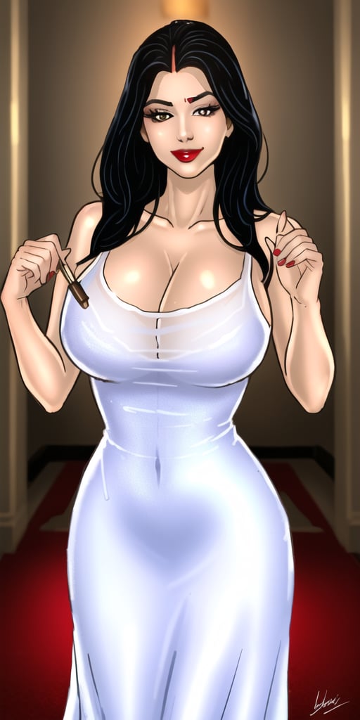 A stunning image of a mature female, fighting_stance, She exudes confidence and seduction. She wears a tight see-through dress, showcasing her hourglass physique and large soft breasts. The lighting highlights the glistening skin and creates a subtle sheen on her dress. A seductive smirk plays on her lips, inviting the viewer towards her. Her make-up is flawless, with bold eyebrows and luscious lashes framing those breathtaking eyes. The overall composition is a masterful blend of beauty, sensuality, and artistry, capturing the essence of Savita