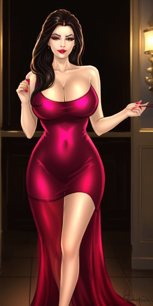 A stunning image of a mature female, fighting_stance, She exudes confidence and seduction. She wears a tight see-through minidress, showcasing her hourglass physique and large soft breasts, absolute cleavage, long legs. The lighting highlights the glistening skin and creates a subtle sheen on her minidress. A seductive smirk plays on her lips, inviting the viewer towards her. Her make-up is flawless, with bold eyebrows and luscious lashes framing those breathtaking eyes. The overall composition is a masterful blend of beauty, sensuality, and artistry, capturing the essence of Savita