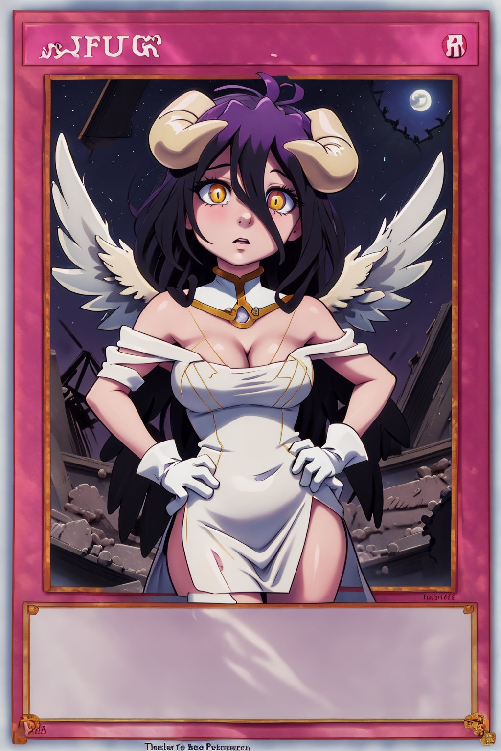 yugioh_card, masterpiece, best quality, highres, al1, demon horns, slit pupils, white gloves, white dress, bare shoulders, detached collar, cleavage, black wings, feathered wings, low wings, cowboy shot, field, ruins, night, standing, hand on hip, black hair,albedo