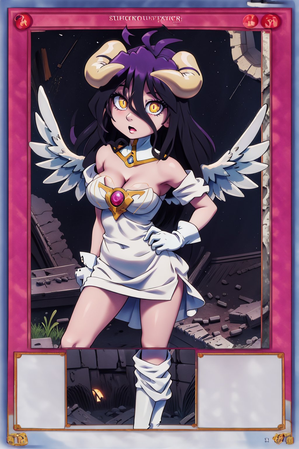 yugioh_card, masterpiece, best quality, highres, al1, demon horns, slit pupils, white gloves, white dress, bare shoulders, detached collar, cleavage, black wings, feathered wings, low wings, cowboy shot, field, ruins, night, standing, hand on hip, black hair,albedo