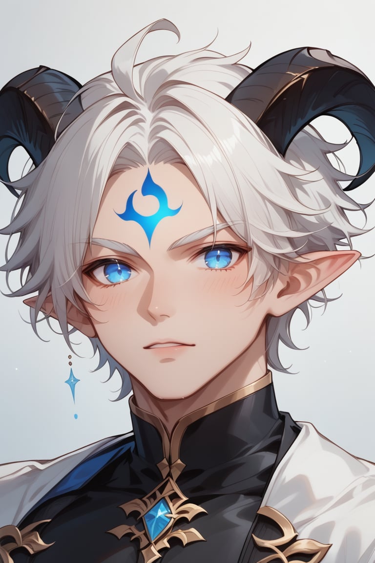 an art drawing of an anime style man with horns on his face, 1boy, male focus, solo, blue eyes, demon boy, (two goat horns, black horns, horns on the side of the head), upper body, black flame-shaped forehead marking, no pupils, Drestoria-Style_V1, semi-realism, nose, pointy ears, pale skin, (white hair:1.2), full body view