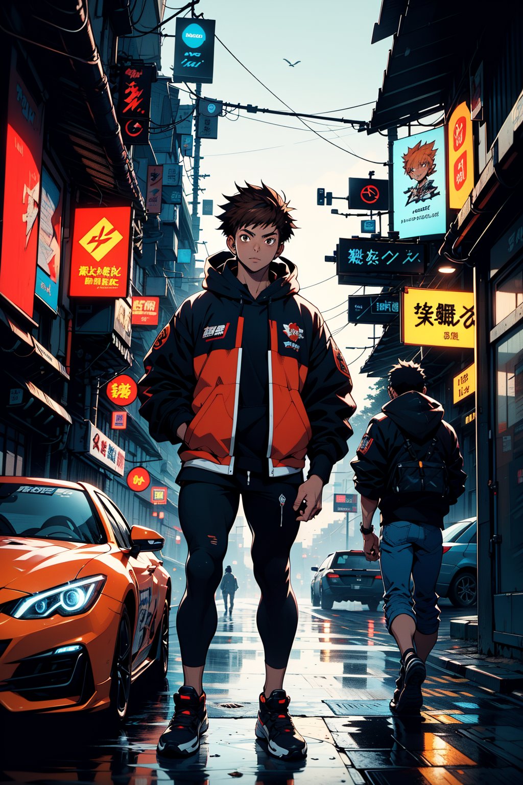 High detailed. High quality. Masterpiece, beautiful (medium, long shot), one boy with brown hair and brown eyes. Standing up in front of a futuristic car in a Canadian cyberpunk neighbourhood. The background is full of signals with logos and words in English. Shonen anime illustrations.