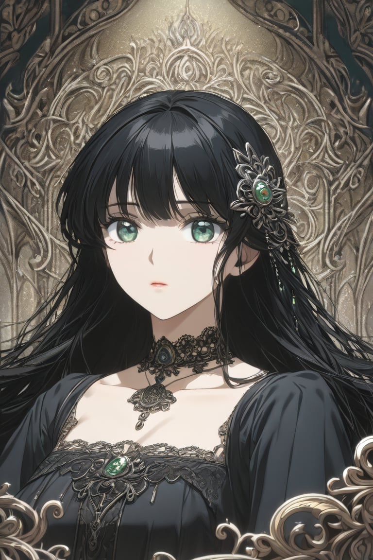 illustration, ink outline, fine detail rendered, color, A beautiful girl in her twenties in a gothic type costume with very long black hair, green eyes with a choker looking at the  is looking at viewer crafted ornaments, detailed background, fantastic, mysterious, perfect composition, , (masterpiece:1.2), ((best quality, 8k, ultra-detailed, very clear)), perfect anatomy, anatomically correct hands, detailed hair, delicate hair expression, detailed eyes, beautiful face, beautiful eyes, extremely stylish, The most fashionable,