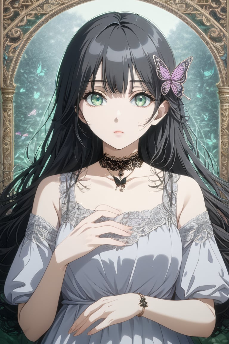 illustration, ink outline, fine detail rendered, color, a girl in her early twenties in a casual dress with long black hair, green eyes with a butterfly choker looking at the with a choker looking at the  is looking at viewer crafted ornaments, detailed background, fantastic, mysterious, perfect composition, , (masterpiece:1.2), ((best quality, 8k, ultra-detailed, very clear)), perfect anatomy, anatomically correct hands, detailed hair, delicate hair expression, detailed eyes, beautiful face, beautiful eyes, extremely stylish, The most fashionable,