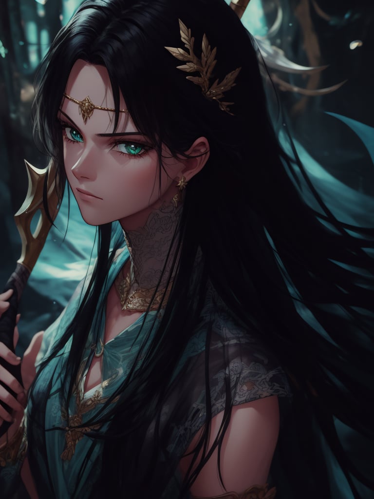  illustration, ink outline, fine detail rendered, color, a girl with long black hair and deep green eyes, wearing an adventurer's rpg game outfit with a beautiful scythe with the blade reflecting the light, while having a serious and defiant look towards the viewer, crafted ornaments, detailed background, fantastic, mysterious, perfect composition, , (masterpiece:1.2), ((best quality, 8k, ultra-detailed, very clear)), perfect anatomy, anatomically correct hands, detailed hair, delicate hair expression, detailed eyes, beautiful face, beautiful eyes, extremely stylish, The most fashionable,STARFIGTHER