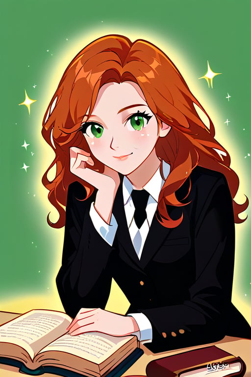 A girl with black hair and deep green eyes wearing a black dress with sparkles on the fabric in one of her hand holds a book of magic, with a mysterious smile, watching the viewer, in an atmosphere of mysterious and a small mist around, Masterpiece,Stunning image,Professional style,8k,REDHEAD,theresa apocalypse