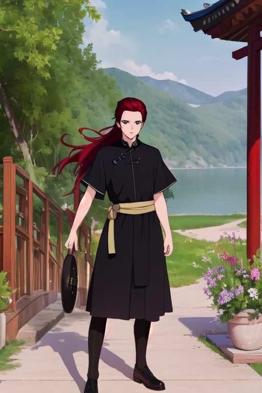 a young man in his early 20's with long red hair, deep eyes, violet eyes, wearing a  combining Viking and traditional Chinese styles, shows his full body, masterpiece,  best quality,TAIKIKOU