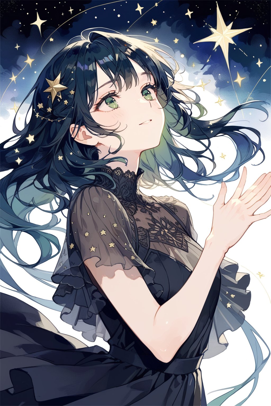 a girl with long dark blue hair with Latin features in her twenties with deep green eyes with a soft smile in a beautifully decorated black dress looking up at the stars with one of her hands outstretched to them, seraphic , upper body, looking away, masterpiece,  best quality,  aesthetic