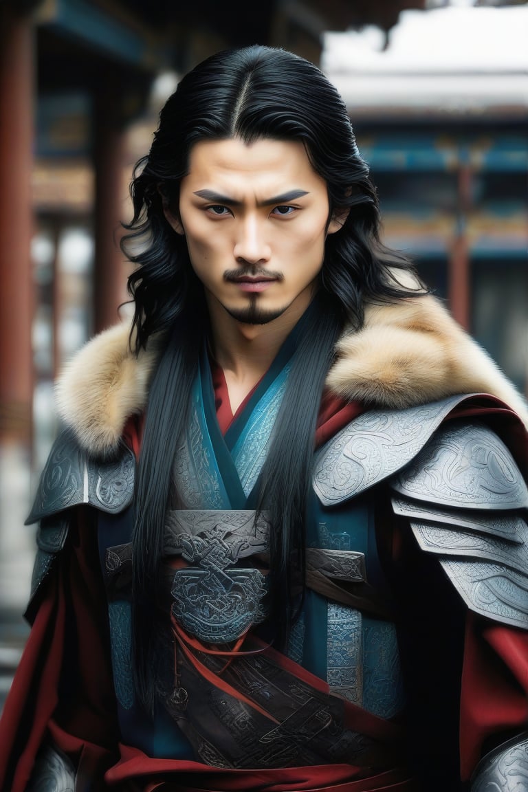 a young man in his early 20's with long black hair, deep eyes, blue eyes, wearing a suit combining Viking and traditional Chinese styles, shows his full body, masterpiece,  best quality,