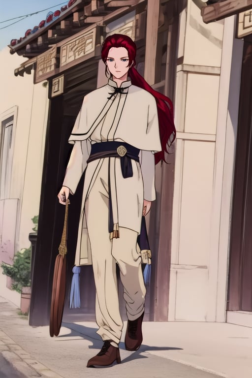 a young man in his early 20's with long red hair, deep eyes, violet eyes, wearing a  combining Viking and traditional Chinese styles, shows his full body, masterpiece,  best quality,TAIKIKOU