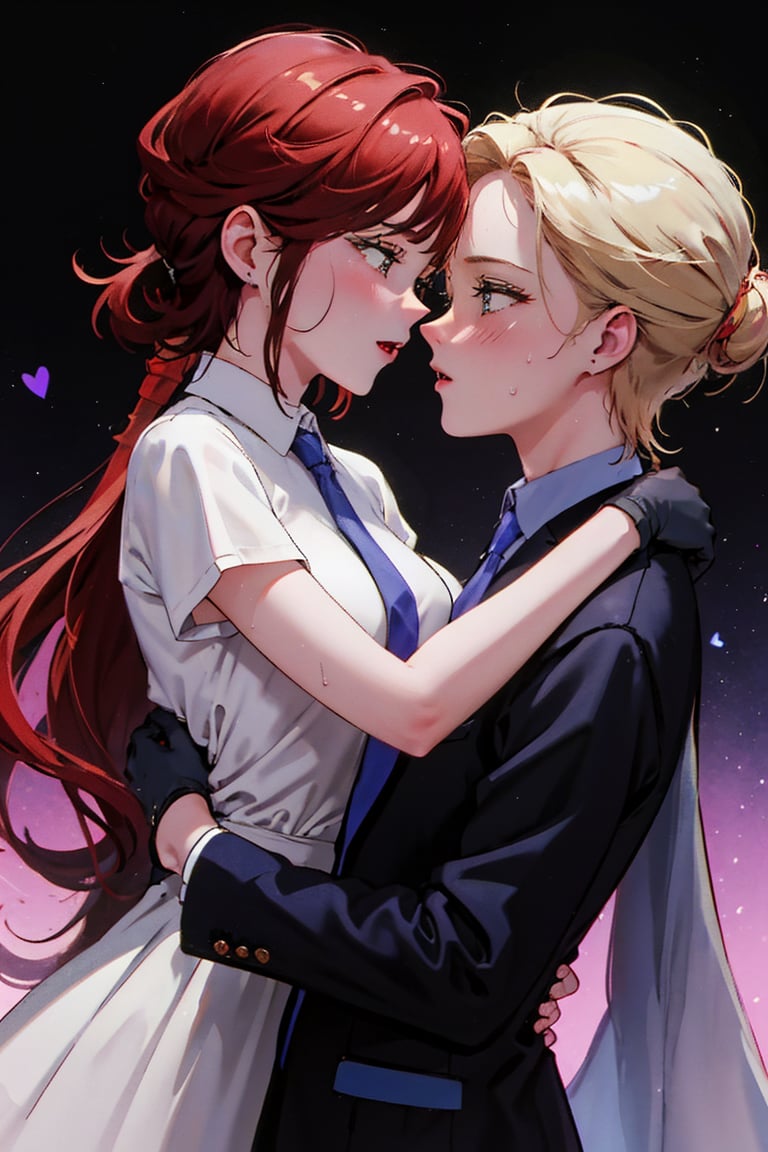 A romantic kabedon moment between a young boy and girl, featuring a couple in a tender embrace with gloves, blushing cheeks, and a stylish necktie. The English text subtly adds a modern touch as they gaze deeply at each other, capturing a classic yet contemporary essence. Their hands delicately placed on each other's chins convey both intimacy and passion against a backdrop of intricate floral patterns. Eye contact intensifies the emotion as a hint of sweat and slightly open mouths hint at the anticipation of a heartfelt confession.TAIKIKOU