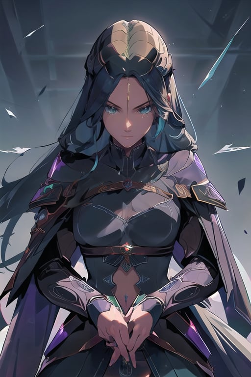 a ba 20 year old girl with deep green eyes, dark blue hair, with two jet dark daggers with purple blades and a cold and calculating gaze. perfect anatomy, anatomically correct hands, detailed hair, delicate hair expression, detailed eyes, beautiful face, beautiful eyes, full view,CREED,Detailedface