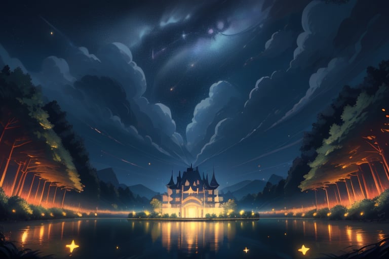 Ballroom with elegant classic decor, no roof, magical and mythological touches, no people, starry night sky, reflecting lake, natural water ripple, nighttime, magical atmosphere, anime style, standard quality, natural moonlight/starlight illumination, wide shot.