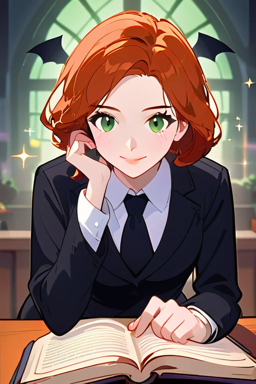 A girl with black hair and deep green eyes wearing a black dress with sparkles on the fabric in one of her hand holds a book of magic, with a mysterious smile, watching the viewer, in an atmosphere of mysterious and a small mist around, Masterpiece,Stunning image,Professional style,8k,REDHEAD,theresa apocalypse,halloween