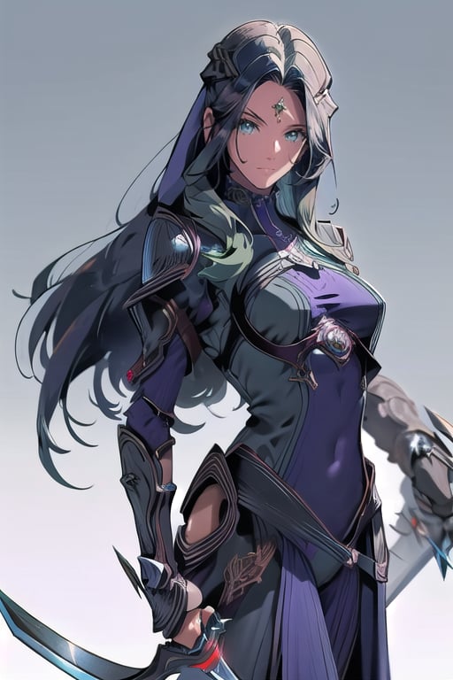 a ba 20 year old girl with deep green eyes, dark blue hair, with two jet dark daggers with purple blades and a cold and calculating gaze. perfect anatomy, anatomically correct hands, detailed hair, delicate hair expression, detailed eyes, beautiful face, beautiful eyes, full view,CREED