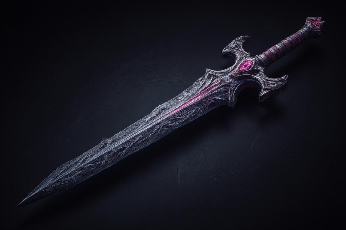 illustration, ink outline, fine detail rendered, color, a majestic sword with an iridescent jet black blade, with intricate designs engraved on the black blade, including flames that run through the sword separating the edge from the rest of the blade The hilt is a meter and a half made of dark hardwood, the pommel is formed by a large ruby held by four fine polished steel wires,  full view,  crafted ornaments, detailed background, fantastic, mysterious, perfect composition, , (masterpiece:1.2), ((best quality, 8k, ultra-detailed, very clear)), perfect anatomy, anatomically correct hands, detailed hair, delicate hair expression, detailed eyes, beautiful face, beautiful eyes, extremely stylish, The most fashionable,


