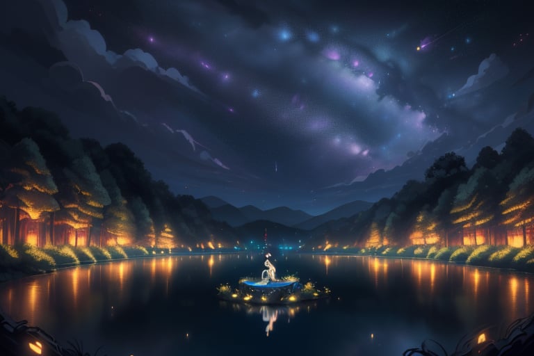 Ballroom with elegant classic decor, no roof, magical and mythological touches, no people, starry night sky, reflecting lake, natural water ripple, nighttime, magical atmosphere, anime style, standard quality, natural moonlight/starlight illumination, wide shot.