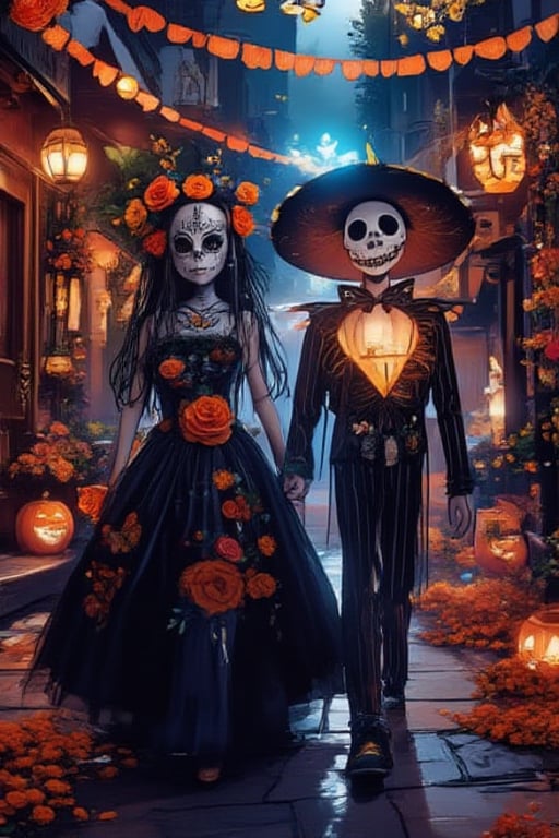 A couple merging elements of Halloween and Día de Muertos: a girl dressed as a beautiful Catrina and a boy dressed as Jack Skellington, walking hand in hand while looking at the viewer in a street adorned with lanterns at night. The ground is covered with marigold flowers. The girl wears a stunning dress with monarch butterflies and flowers featuring details from Mexican culture, and the boy is dressed in a detailed Jack Skellington costume. They have mysterious yet joyful expressions. The street is decorated with papel picado between the windows and pumpkins with candles at the doors. The ambiance is festive and mysterious with a magical touch, in a realistic and anime style, high resolution and standard resolution, with soft lighting. The composition is a wide shot,glowing,bright,luminous skin,glowing brightly,warm light,radiant,soft,glowing skin and vibrant, luminous features,glowing visual effects,glowing particles,neon