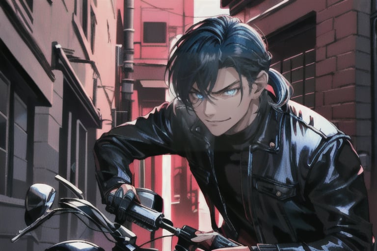 a boy with a very long blue black hair tied in a low black ponytail with deep blue eyes, adding an edgy touch to his intimidating presence.evil smile, Leaning against his motorcycle in an alleyway at night, he radiates a serious, unyielding intensity. Perfect lighting casts deep shadows, accentuating every curve and crease, as if the camera has captured a slice of pure chaos.