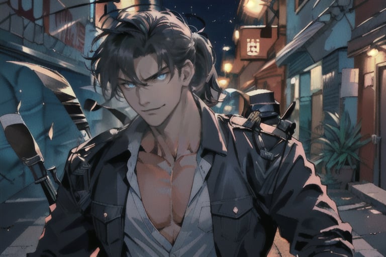 1boy, with a very long blue black hair tied in a low black ponytail, deep blue eyes, intimidating presence, evil smile, open shirt, flat chest,Leaning against his motorcycle, full motorcycle view, alleyway at night, serious, unyielding intensity. Perfect lighting casts deep shadows,  camera has captured a slice of pure chaos.