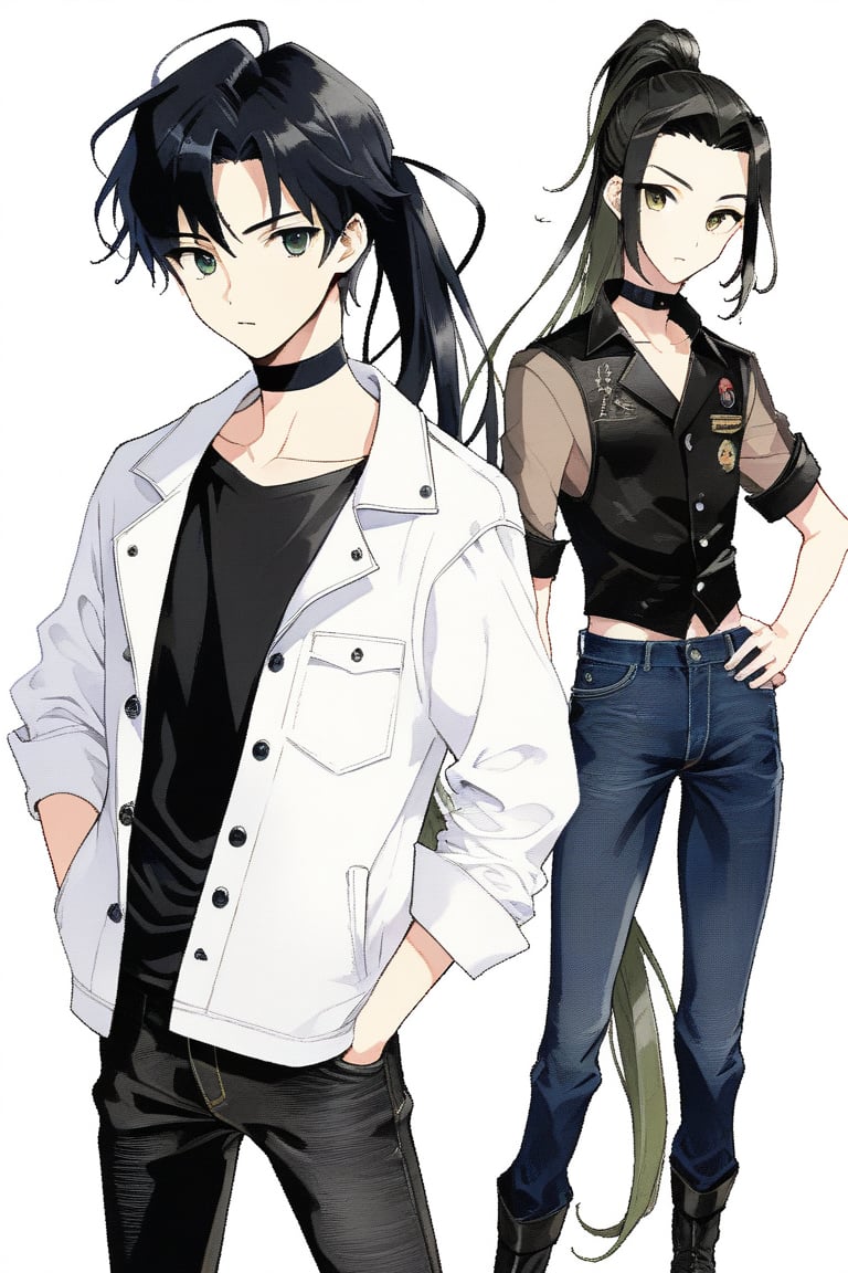 20 year old girl with Latin features, long black hair, olive green eyes, wearing a black choker around her neck, a white jacket and a black top, 1boy, long_hair, full_body, hand_on_hip, black_jeans, white_jacket, black_hair, reverse_trap, standing, very_long_hair, transparent_background, ponytail, gakuran, male_focus,  couple, looking_at_viewer, low_ponytail,SailorStarFighter, 1male