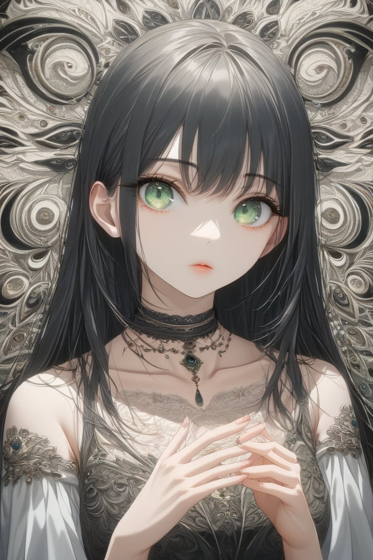 illustration, ink outline, fine detail rendered, color, a girl in her early twenties iwith long black hair, green eyes with a choker looking at the with a choker looking at the  is looking at viewer crafted ornaments, detailed background, fantastic, mysterious, perfect composition, , (masterpiece:1.2), ((best quality, 8k, ultra-detailed, very clear)), perfect anatomy, anatomically correct hands, detailed hair, delicate hair expression, detailed eyes, beautiful face, beautiful eyes, extremely stylish, The most fashionable,