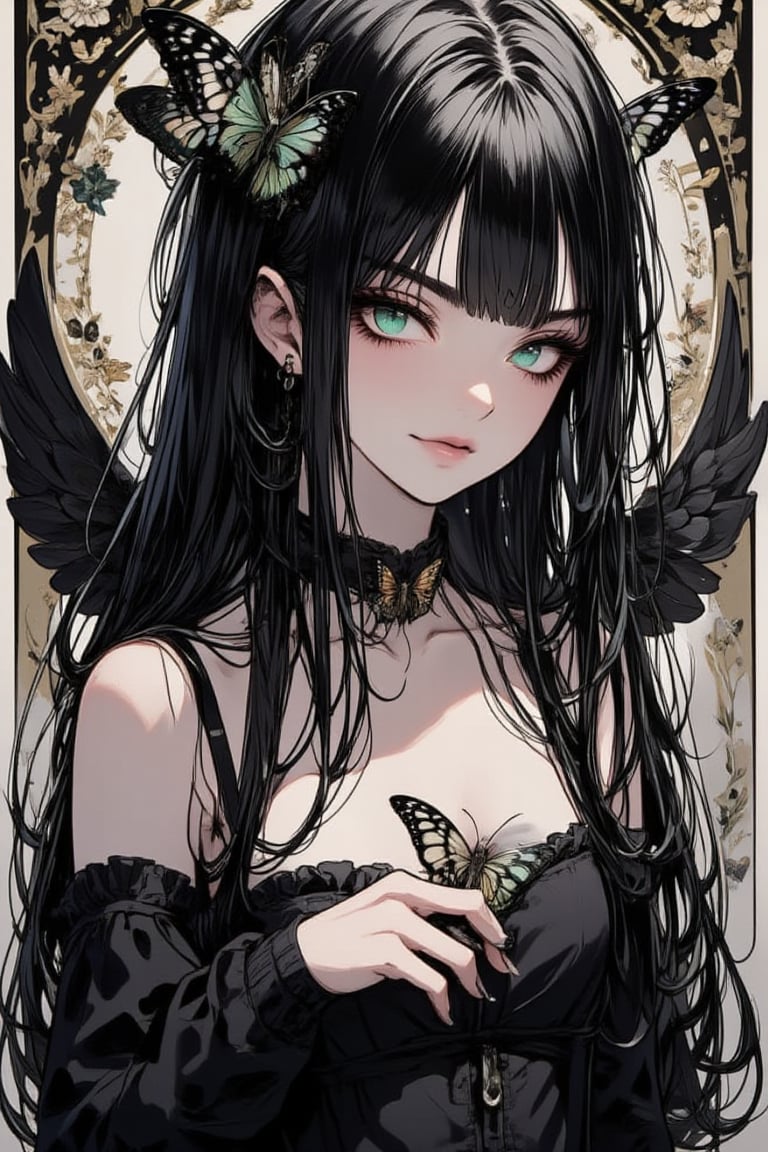 illustration, ink outline, fine detail rendered, color, A beautiful girl in her twenties in a gothic type costume with long black hair, green eyes with a butterfly choker looking at the  is looking at viewer crafted ornaments, detailed background, fantastic, mysterious, perfect composition, , (masterpiece:1.2), ((best quality, 8k, ultra-detailed, very clear)), perfect anatomy, anatomically correct hands, detailed hair, delicate hair expression, detailed eyes, beautiful face, beautiful eyes, extremely stylish, The most fashionable,FANGS