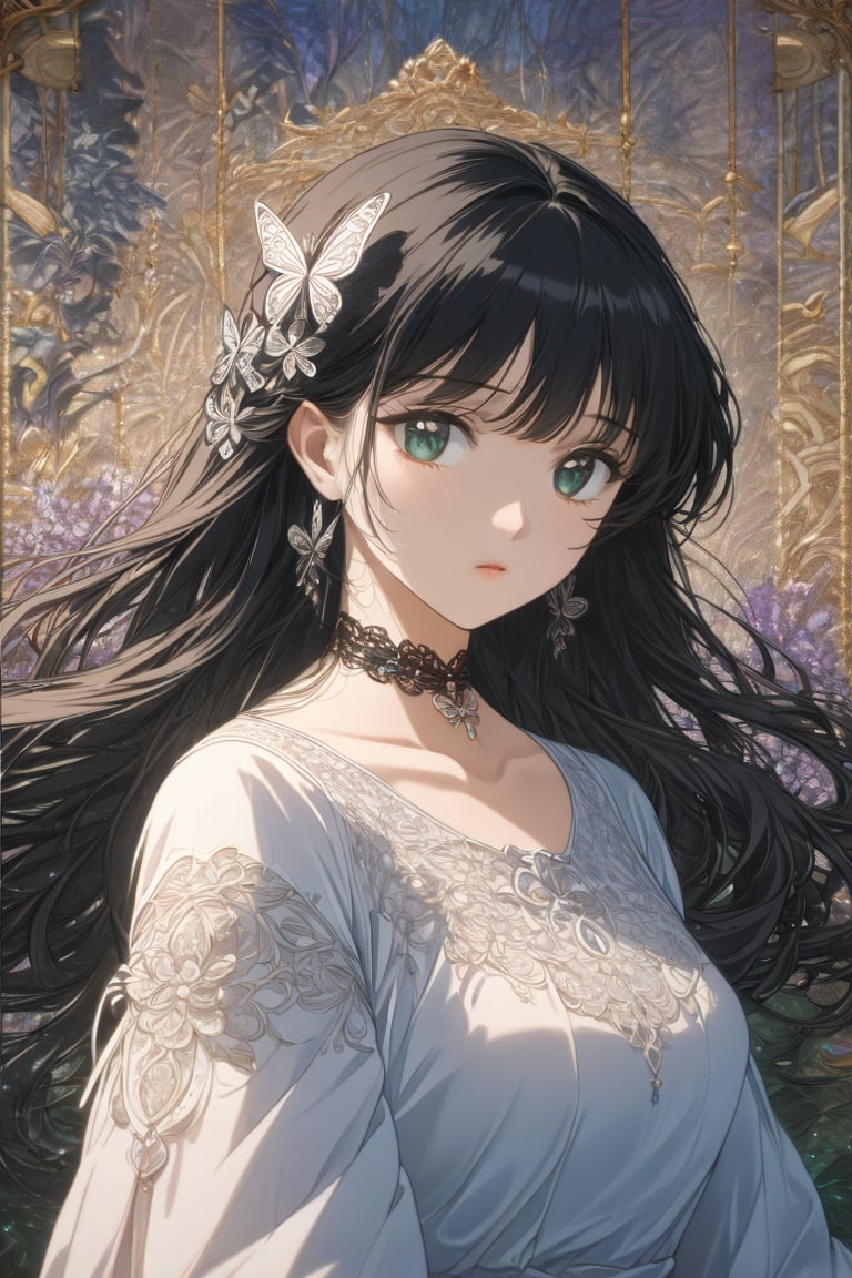 illustration, ink outline, fine detail rendered, color, a girl in her early twenties in a casual dress with long black hair, green eyes with a butterfly choker looking at the with a choker looking at the  is looking at viewer crafted ornaments, detailed background, fantastic, mysterious, perfect composition, , (masterpiece:1.2), ((best quality, 8k, ultra-detailed, very clear)), perfect anatomy, anatomically correct hands, detailed hair, delicate hair expression, detailed eyes, beautiful face, beautiful eyes, extremely stylish, The most fashionable,