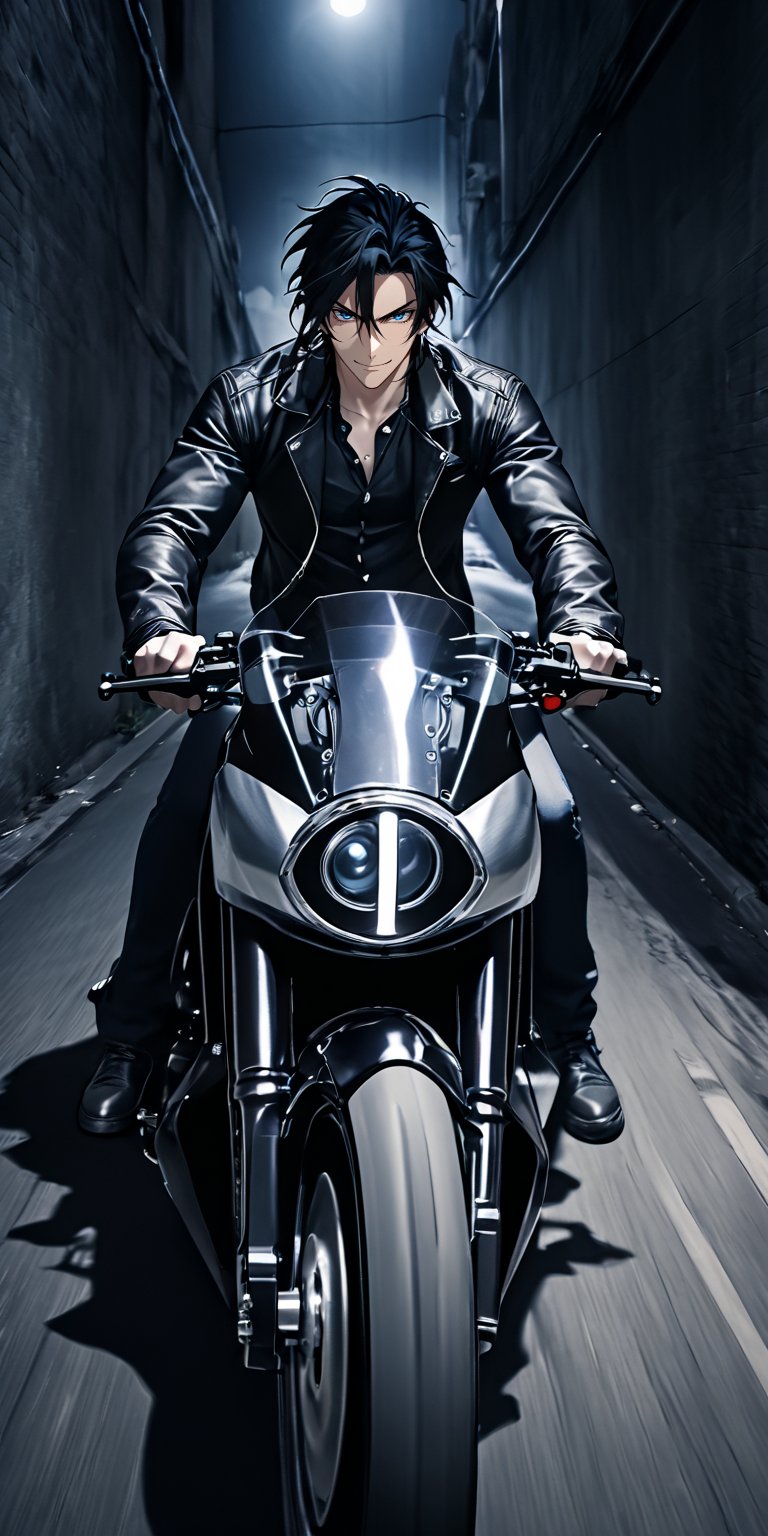 1boy, with a very long blue black hair tied in a low black ponytail, deep blue eyes, intimidating presence, evil smile, leather jacket, open shirt, flat chest,Leaning against his motorcycle, full motorcycle view, alleyway at night, serious, unyielding intensity. Perfect lighting casts deep shadows,  camera has captured a slice of pure chaos.