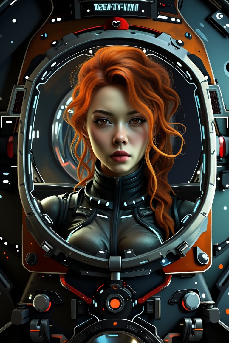 Against a gritty metal backdrop, SpaceSuiteXMiya's striking features gaze intently through the viewport of her high-tech spacecraft. Her fiery locks cascade down her porcelain complexion as she scrutinizes her target, her bounty hunter instincts honed to perfection. The spaceship's neon-lit corridors and machinery hum in the background, a testament to her cutting-edge technology. A sleek, futuristic rifle rests against her hip, its metallic grip glinting in the dim light.