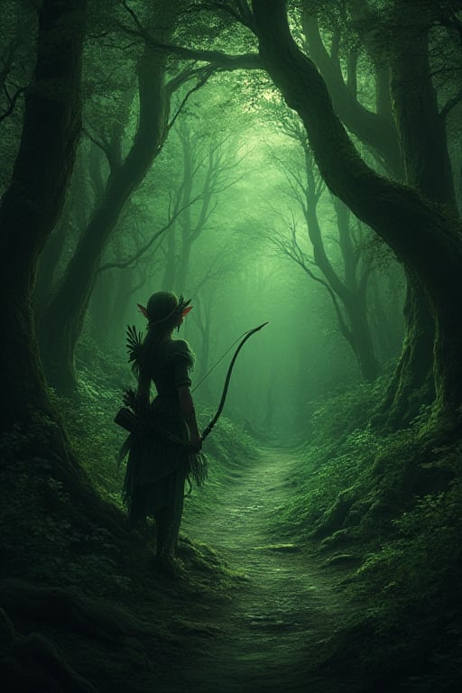 Fantasy forest, dark green, naugthy elf girl with bow Watching from a tree a path that leads through the forest, gloomy ambience 