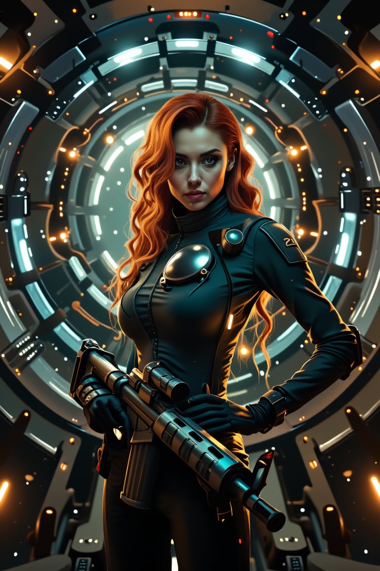 Against a gritty metal backdrop, SpaceSuiteXMiya's striking features gaze intently through the viewport of her high-tech spacecraft. Her fiery locks cascade down her porcelain complexion as she scrutinizes her target, her bounty hunter instincts honed to perfection. The spaceship's neon-lit corridors and machinery hum in the background, a testament to her cutting-edge technology. A sleek, futuristic rifle rests against her hip, its metallic grip glinting in the dim light.