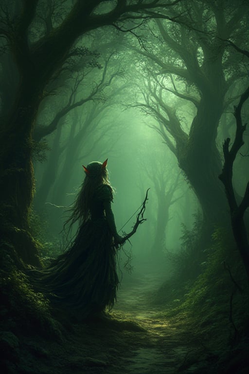 Fantasy forest, dark green, naugthy elf girl with bow Watching from a tree a path that leads through the forest, gloomy ambience 