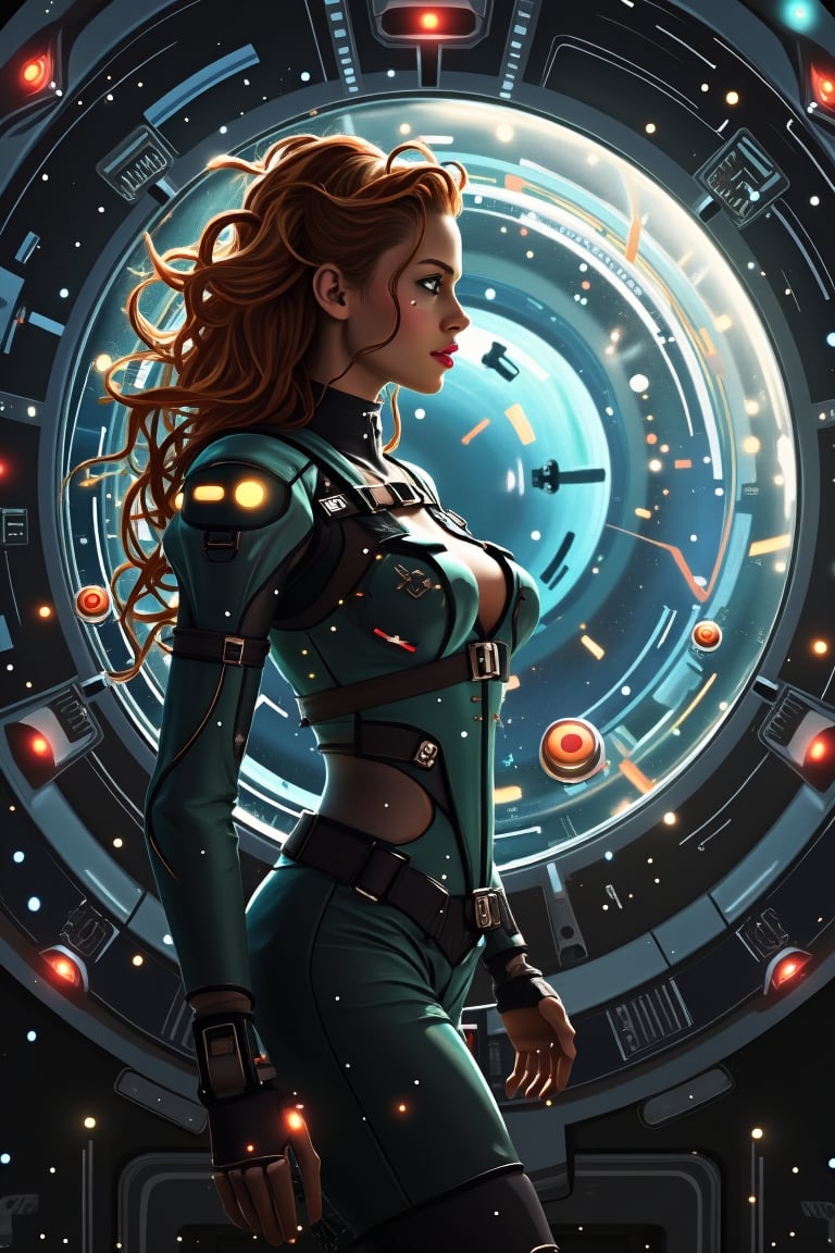 sexy sifi teenage girl in a space bounty hunter amor sniking outsite on a spaceship. she look throue a window on her aim,SpaceSuiteXMiya