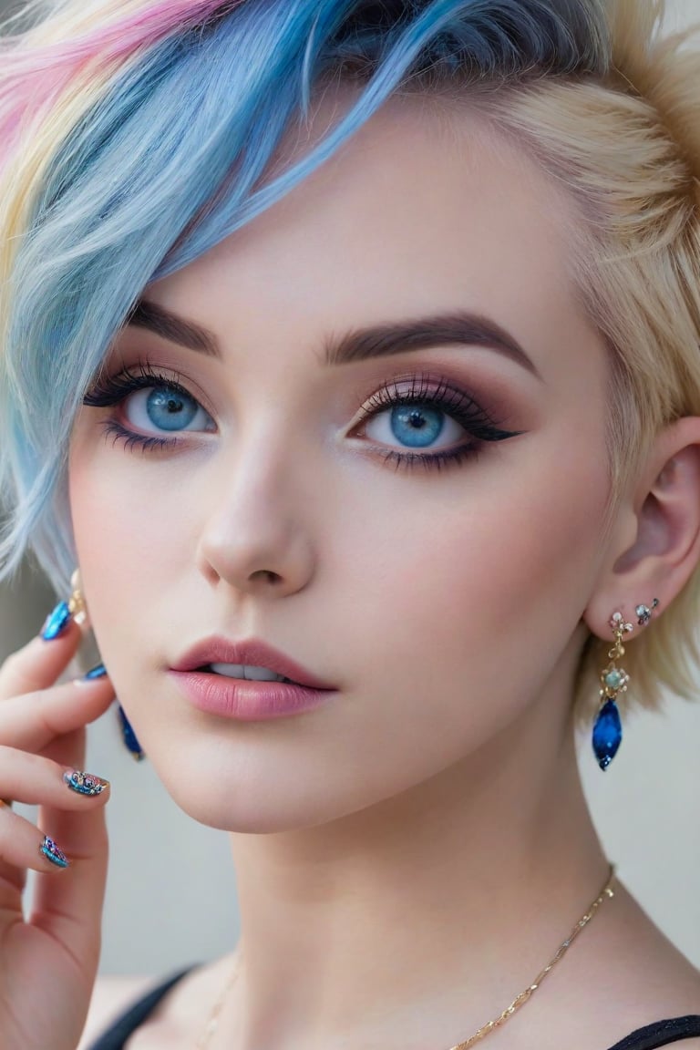 1girl, solo, looking at viewer, short hair, blue eyes, blonde hair, jewelry, blue hair, multicolored hair, earrings, lips, fingernails, eyelashes, makeup, piercing, ear piercing, portrait, lip piercing