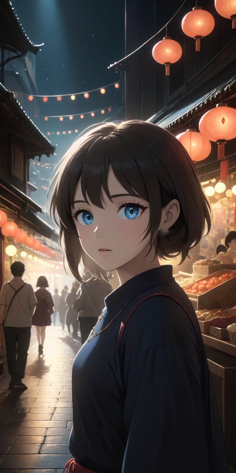 Ghibli anime style, "Spirited Away" style. A girl in a dark night market, with illuminated by warm lights. The whole atmosphere seems mysterious. (Cinematic lighting, ethereal light, intricate details, extremely detailed, incredible details, full colored), complex details, hyper maximalist, gorgeous light and shadow, detailed decoration, detailed lines. masterpiece, best quality, HDR, UHD, unreal engine. looking at the camera, fair skin, beautiful face, (beautiful eyes:1.5), perfect eyes, detailed eyes, beautiful nose, dim tones,StdGBRedmAF,cute,DonMN1gh7XL ,anime,Kyoto animation style,aesthetic portrait