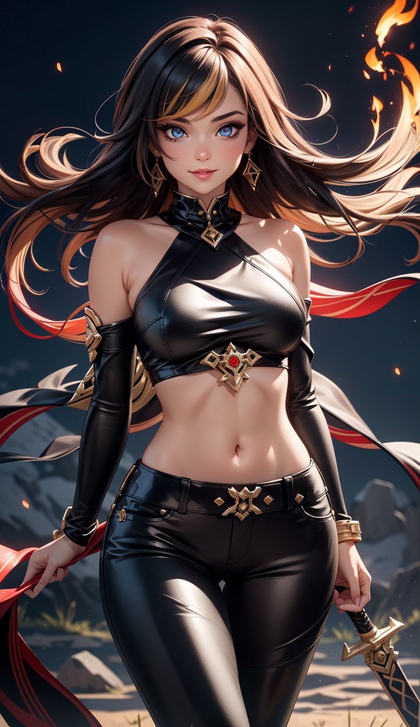 1 girl, 
Dehya from Genshin Impact,

long hair, floating hair, hair jewelry, 
beautiful face, detailed eyes, serious eyes, little smile,

glowing eyes, black eyeshadow, 

(bare shoulders), big breasts, curvy hips, belly button, 

((tight clothes)), hanging a sword,
((leather)),

high contrast,
full size shot, posing for viewer, looking at viewer,

japanese plains background, (nightfall), flames background,

masterpiece, high resolution, dynamic colors,