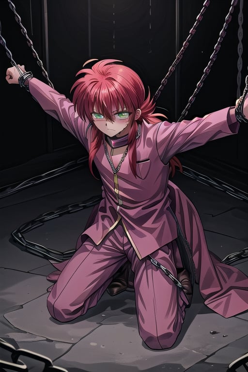 1boy, solo, red hair, long hair, green eyes, Kurama ,

kuramastd, pink school uniform, pink uniform,
tied, chains, prison, 

torn clothes, injury, pained expression,
hang arms, kneeling pose,chain on neck, chain on hands,
chained_up,